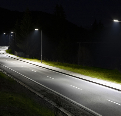 modern streetlights with LED technology at night, empty modern road